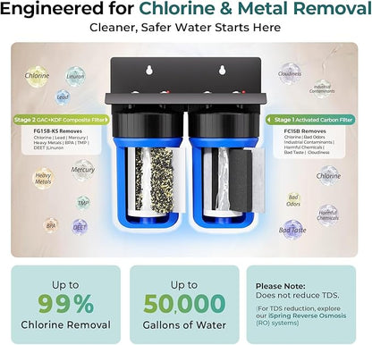 iSpring WGB21B-KS+AHPF12MNPT16X2 2-Stage Whole House Water Filtration System w/ 3/4'' Push-Fit Braided Stainless Steel Hose Connectors, Removes Chlorine, Lead, Odor and More, 1" Inlet/Outlet Ports