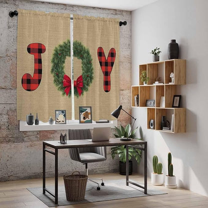 Red Green Christmas Window Curtains 63 Inch Long 2 Panel Set, Rod Pocket Bedroom Curtains & Drapes, Xmas Botanical Winter Farmhouse Light Filtering Window Treatment for Living Room 42"W x 63"L