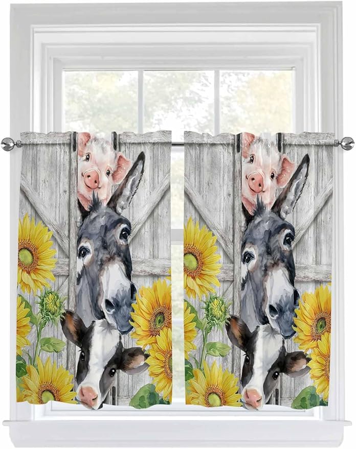 Farmhouse Kitchen Curtains 54 Inches length, Watercolor Sunflowers Animals Printed Wood Grain Window Treatment Curtain Drapes, Decorative Window Curtains for Bedroom Cafe, 52"x54", 2 Panels