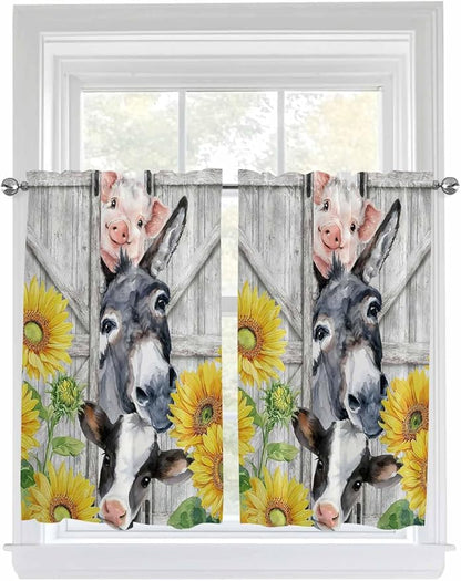 Farmhouse Kitchen Curtains 54 Inches length, Watercolor Sunflowers Animals Printed Wood Grain Window Treatment Curtain Drapes, Decorative Window Curtains for Bedroom Cafe, 52"x54", 2 Panels