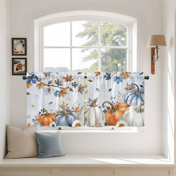 Fall Blue Maple Kitchen Tier Curtains 36 Inch Long 2 Panel Set,Rod Pocket Half Window Curtains Over Sink,Thanksgiving Pumpkins Daisy Country Leaves Short Drapes for Bathroom Cafe 27.5"W x 36"L
