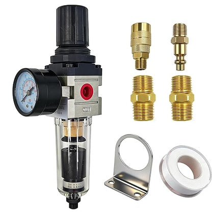 HengMinLingTong 1/4" NPT Compressed Air Filter Regulator Combo Piggyback, 5 Micron Brass Element, Poly Bowl Auto Drain, Metal Bracket, 0-150 psi AW2000-02D