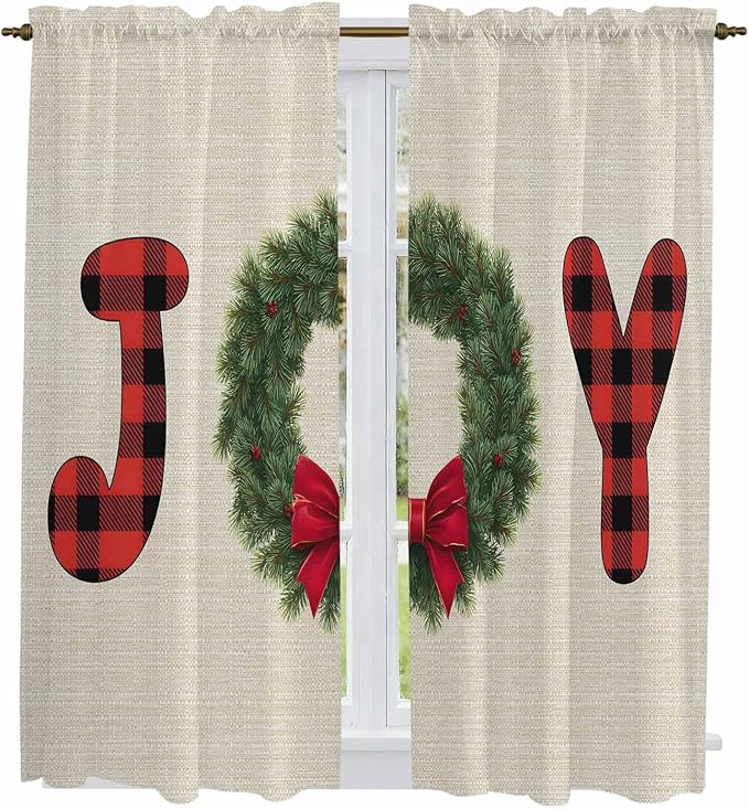 Red Green Christmas Window Curtains 63 Inch Long 2 Panel Set, Rod Pocket Bedroom Curtains & Drapes, Farmhouse Xmas Botanical Winter Light Filtering Window Treatment for Living Room 42"W x 63"L