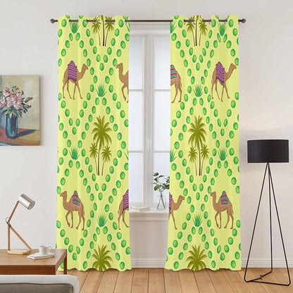 2 Panel Kitchen Cafe Curtains, Desert Sand Camels Sunlight Filtering Nature Air Through, Window Decor Tier Curtains for Living Room 80W x 84L inch Palm Trees Tropical Plants Polka Dot Yellow