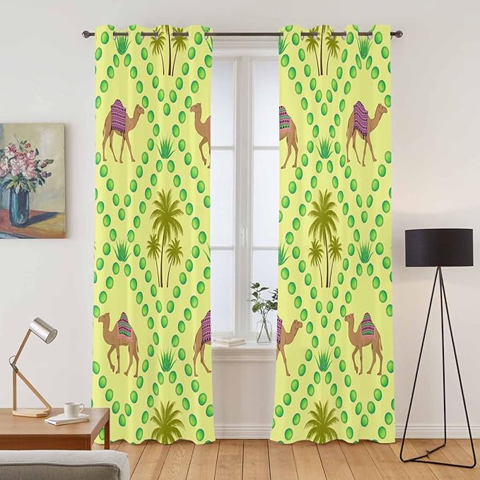 2 Panel Kitchen Cafe Curtains, Desert Sand Camels Sunlight Filtering Nature Air Through, Window Decor Tier Curtains for Living Room 104W x 96L inch Palm Trees Tropical Plants Polka Dot Yellow