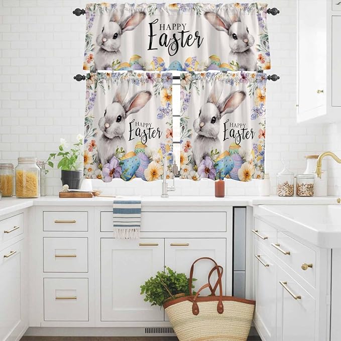 Happy Easter Kitchen Curtains Set 3 Piece for Windows,Rod Pocket Valance and Tier Set 24 Inch Length,Spring Grey Bunny Colorful Eggs Flower Beige Light Filtering Cafe Curtains for Living Room