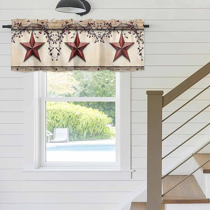 Farmhouse American Valances for Windows, Country Star Berries Vintage Wood Grain Kitchen Valance Light Filtering Rod Pocket Short Curtains for Kitchen Bathroom, 1 Panel, 42"x12"