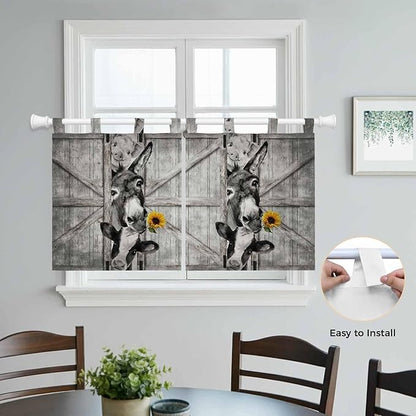 Funny Farm Animals Kitchen Curtains 36 Inch Length, Small Window Curtains Tab Top, Vintage Barn Grey Sunflowers Light Filtering Short Window Treatments Tier Drapes 27.5"x36" 2 Panel