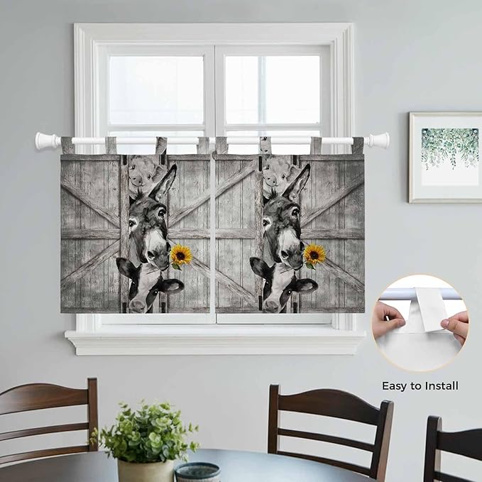 Funny Farm Animals Kitchen Curtains 24 Inch Length, Small Window Curtains Tab Top, Vintage Barn Grey Sunflowers Light Filtering Short Window Treatments Tier Drapes 27.5"x24" 2 Panel