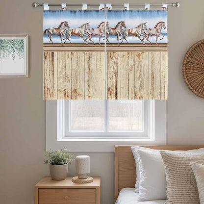 Western Horse Kitchen Curtains 45 Inch Length, Short Cafe Window Curtains Tab Top, Farmhouse Wooden Grain Vintage Cowboy Barn Door Light Filtering Window Treatments Tier Drapes 27.5"x45" 2 Panel