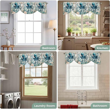 Sea Octopus Ocean Starfish Tie Up Valance Curtains,Nautical Anchor Vintage Wood Grain Kitchen Light Filtering Window Treatments with 3-inch Rod Pocket for Living Room,Bedroom,42x18In