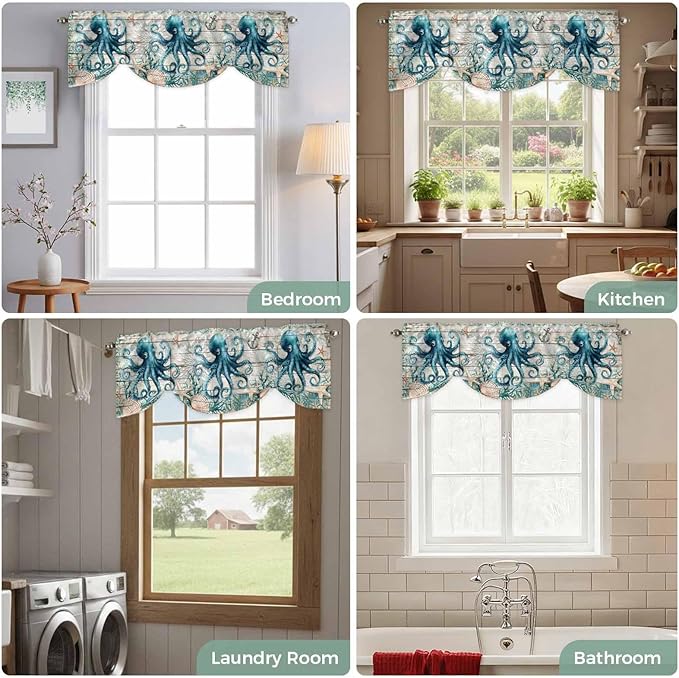 Sea Octopus Ocean Starfish Tie Up Valance Curtains,Nautical Anchor Vintage Wood Grain Kitchen Light Filtering Window Treatments with 3-inch Rod Pocket for Living Room,Bedroom,54x18In