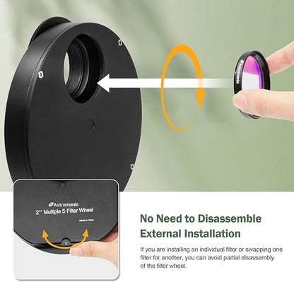 Astromania Telescope Filter Wheel Holder, Filter Wheel Drawer Compatible with 5-Position Moon Nebula Filter 2 Inch for Astronomical Observation As Useful Telescope Accessories with 2 Inches T Adapter