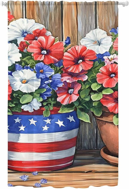 Sheer Curtains 84 Inches Long, Red Blue Flower Semi Sheer Curtains Light Filtering Window Treatment, Retro Independence Day Flag Wood Grain Privacy Voile Drapes for Living Room Bedroom 52x84 Inch