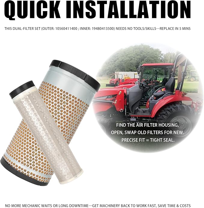 10560411400 19480413500 Outer & Inner Air Filter Fit for Mahindra 1500 and 1600 Series Tractors, Including 1533, 1538 and 1640 Models