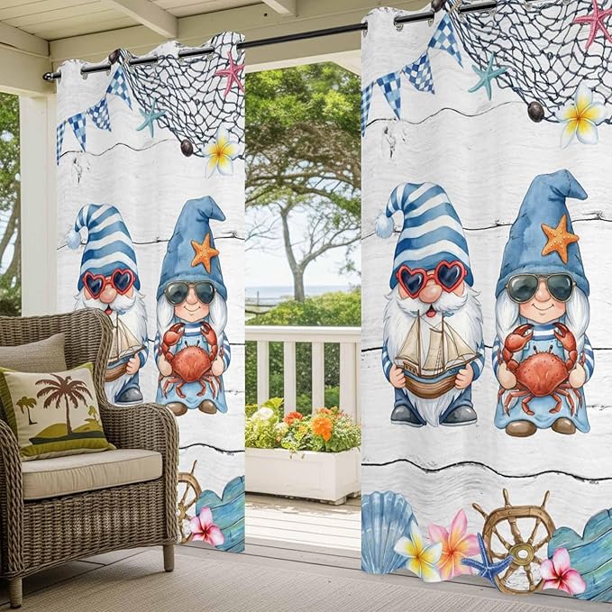 Ocean Gnome Outdoor Curtains for Patio Summer Marine Plumeria Shell Wooden Waterproof Outside Curtains with Grommet Top Weatherproof Curtain for Cabana Pergola Gazebo, 2 Pack, 54" W x 84" L