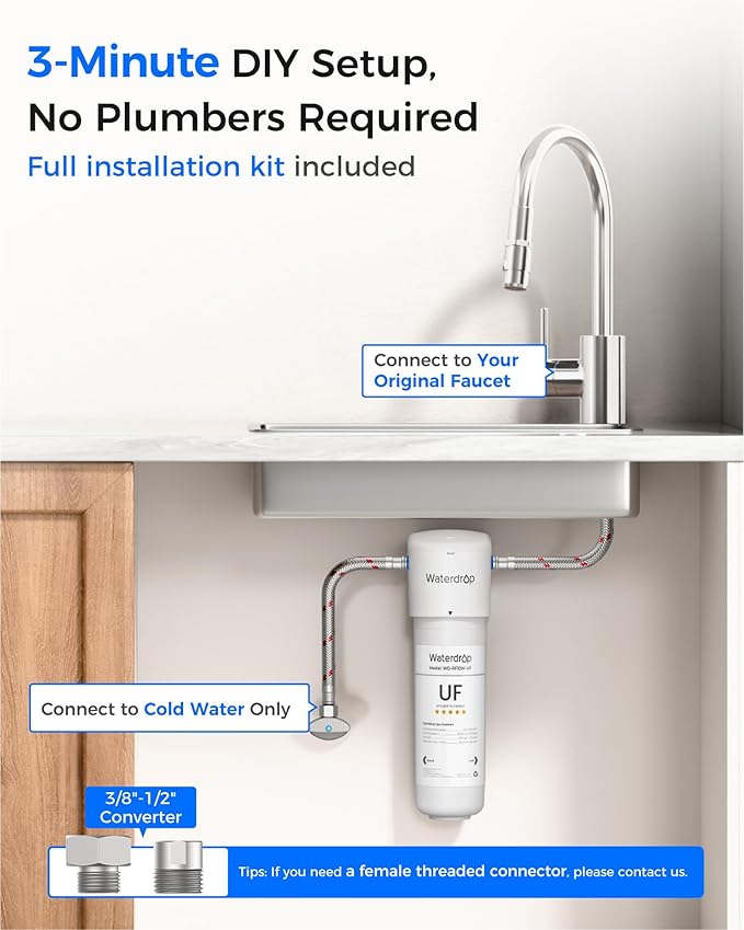 Waterdrop 10UAW-UF 0.01 μm Ultra Filtration Under Sink Water Filter System, 1 Year, Reduces Lead, Chlorine, Bad Taste & Odor, Direct Connect to Kitchen Faucet, USA Tech