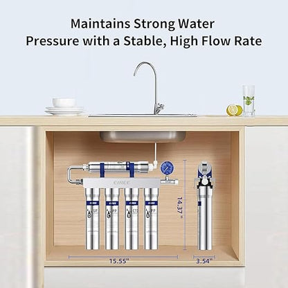 EIREE H502B Under‑Sink Ultrafiltration Water Filter – 0.01 µm Membrane, Removes 99.99% Heavy Metals, Chlorine & Odor, Stainless Steel Housing, USA Tech