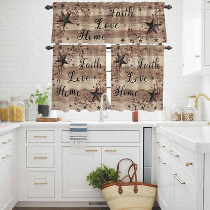Kitchen Curtains Tiers and Valance Set of 3, Farmhouse Star Brown Light Filtering Window Curtain Set, Retro Branches Berry Wooden Grain Rod Pocket Curtain Drapes for Cafe, Living Room, 24 Inches Tiers