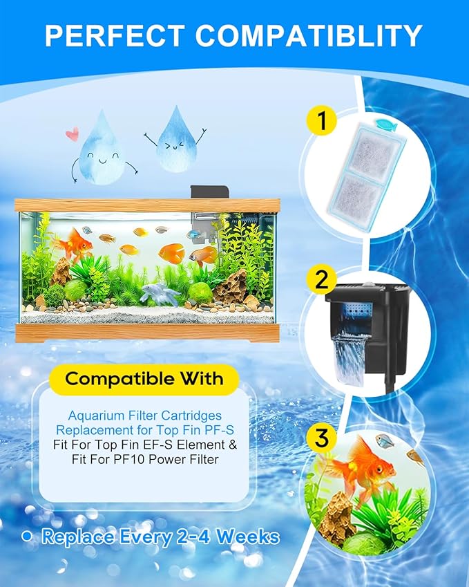 6 Pack Filter Cartridge Compatible with Top Fin PF-S Filter Cartridge, Upgraded PF-S Fish Tank Filters Compatible with Top Fin PF10 Power Filters, Activated Carbon & Zeolite for Clean Water