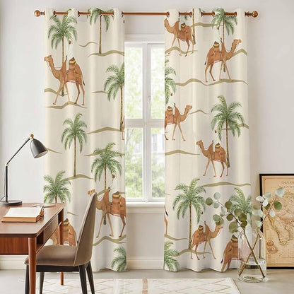 2 Panel Kitchen Cafe Curtains, Date Coconut Tree Sunlight Filtering Nature Air Through, Home Decor Window Covering Tier Curtains for Living Room 80W x 84L inch Desert Camels Botanical Tropical Beige