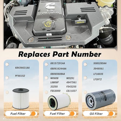 Fuel Filter Water Separator and Oil Filter Set Fit for 2019-2024 Dodge Ram 2500 3500 4500 5500 6.7L Cummins Diesel Engines Replaces# 68436631AA 68157291AA 5083285AA