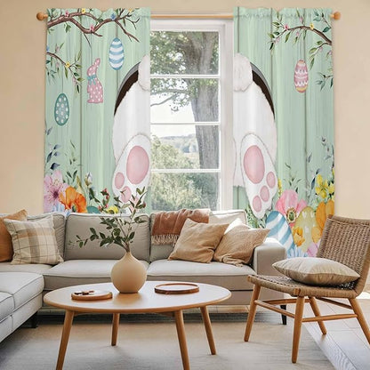 Easter Window Curtains 72 Inch Long 2 Panel Set, Rod Pocket Long Curtains & Drapes, Spring Watercolor Bunny Eggs Wooden Grain Green Light Filtering Window Treatment for Bedroom Living Room 52"W x 72"L