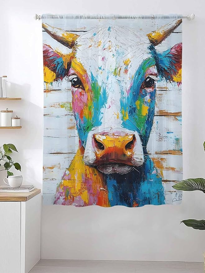 Sheer Curtains 72 Inches Long, Funny Colorful Cow Semi Sheer Curtains Light Filtering Window Treatment, Retro Rustic Oil Painting Wood Grain Privacy Voile Drapes for Living Room Bedroom 52x72 Inch
