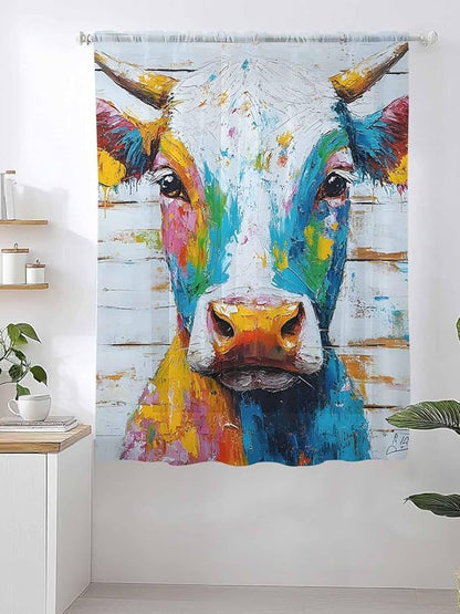 Sheer Curtains 72 Inches Long, Funny Colorful Cow Semi Sheer Curtains Light Filtering Window Treatment, Retro Rustic Oil Painting Wood Grain Privacy Voile Drapes for Living Room Bedroom 52x72 Inch