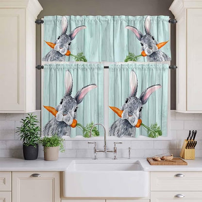 Easter Kitchen Curtain Set, Spring Rabbit Botanical Carrots Green Wooden Grain Window Valance and Tiers 36" Length, Light Filtering Short Curtains Valance for Cafe Bathroom Bedroom 54"x18"