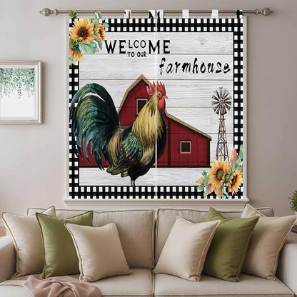 Farmhouse Rooster Living Room Curtains 84 Inch Length, Window Curtains Tab Top, Rustic Red Barn Windmill Sunflowers Light Filtering Window Treatments Drapes 42"x84" 2 Panel