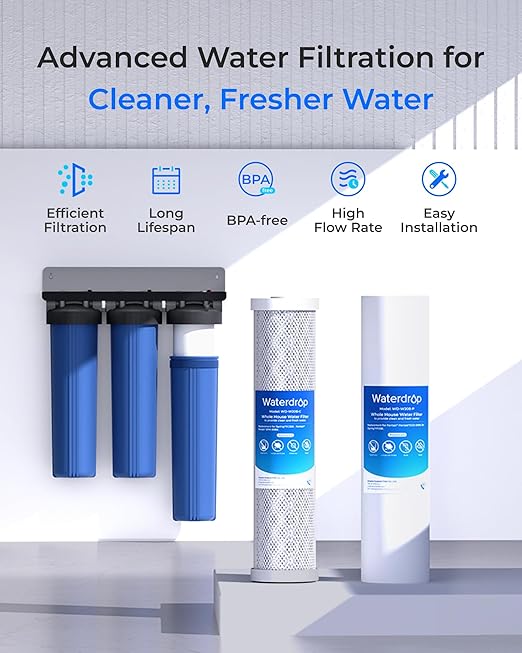 Waterdrop 3-Stage Whole House Water Filter System and Whole House Water Filter, Reduce Iron&Manganese, with Carbon&Sediment Filters, 7-Stage Filtration