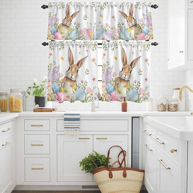 Kitchen Curtains Tiers and Valance Set of 3, Easter Light Filtering Window Curtain Set, Spring Rabbit Colorful Eggs Budding Florals Leaf Rod Pocket Curtain Drapes for Living Room, 24 Inches Tiers