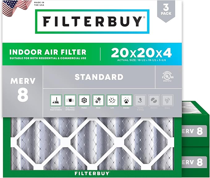 Filterbuy 20x20x4 Air Filter MERV 8 Essential Dust & Allergy Defense (3-Pack), Electrostatic Pleated HVAC AC Furnace Filters Replacement, Made in USA (Actual Size: 19.50 x 19.50 x 3.63)