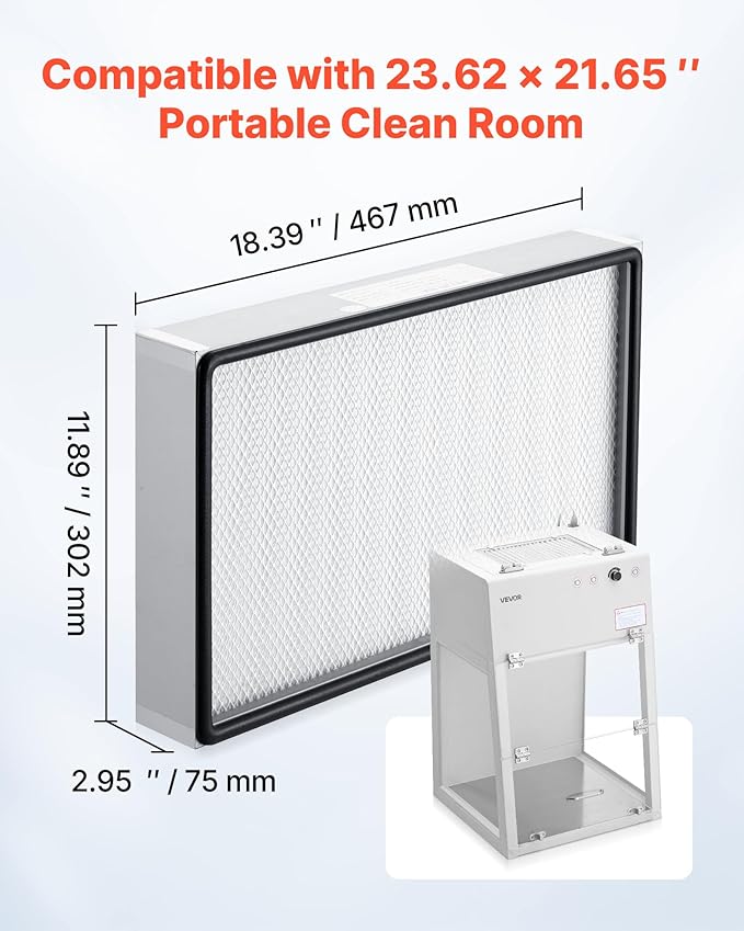 VEVOR Laminar Flow Hood Filter, 18.39 x 11.89 x 2.95 in, 1 Piece HEPA Filter Replacement for 23.62 x 21.65 in Portable Clean Room to Capture Particles Sized 0.3μm, Glass Fiber, Aluminum Frame