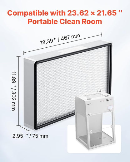 VEVOR Laminar Flow Hood Filter, 18.39 x 11.89 x 2.95 in, 1 Piece HEPA Filter Replacement for 23.62 x 21.65 in Portable Clean Room to Capture Particles Sized 0.3μm, Glass Fiber, Aluminum Frame