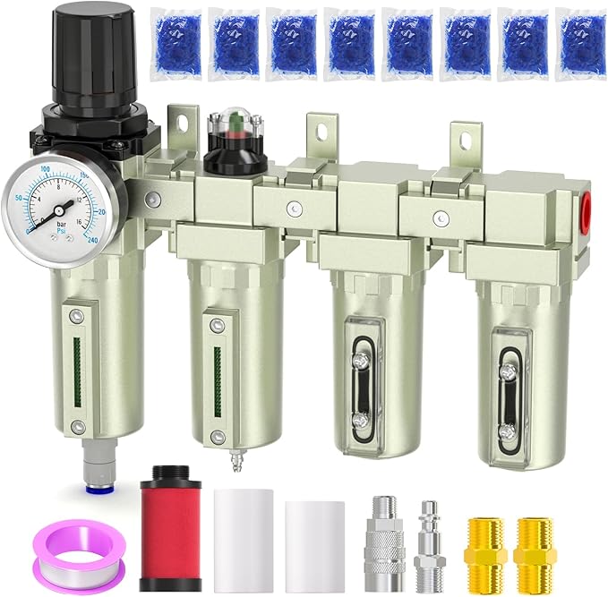Industrial Grade 4-Stage Air Drying System, 1/2" NPT with Auto Drain, desiccant dryer, air regulator, Particulate Filter and Coalescing Filter for for Paint Spray， Plasma Cutter