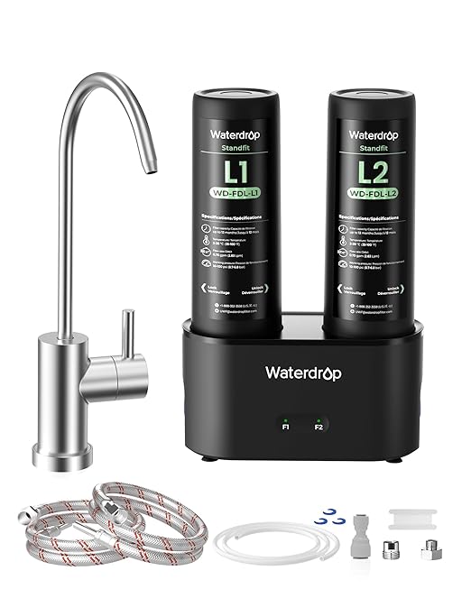 Waterdrop DLG-L Under Sink Water Filter, Reduces Chlorine Lead Chloramine Bad Taste, 2 Stage Under Sink Water Filtration System with Separate Faucet, Life Indicator, Innovative Dual Filtered Flows