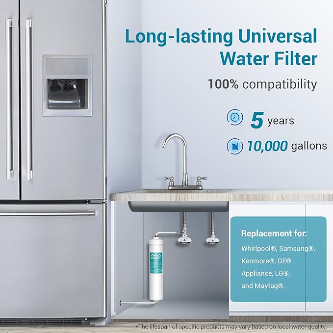 AQUACREST 5 years In-Line Water Filter for Refrigerator and Ice Maker, High Capacity, 1/4-Inch Direct Connect Fittings, Easy Installation, Reduces Chlorine, Bad Taste & Odor