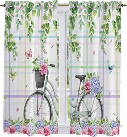 Spring Kitchen Curtains, Bicycles Botanical Leaves Rose Colorful Stripes Light Filtering Window Curtain Panels, 2Pcs Rod Pocket Window Treatments Set for Living Room Bathroom Bedroom 42x63 Inches