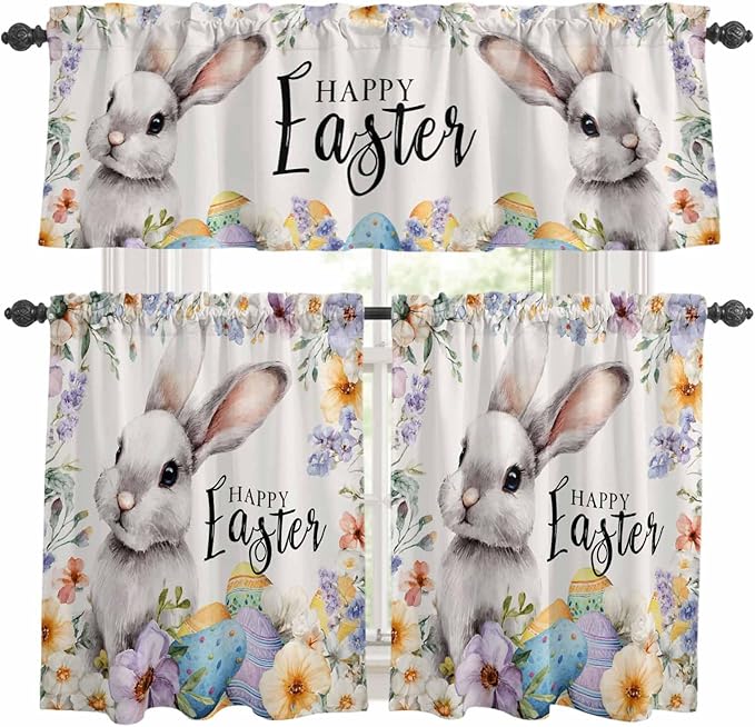 Happy Easter Kitchen Curtains Set 3 Piece for Windows,Rod Pocket Valance and Tier Set 24 Inch Length,Spring Grey Bunny Colorful Eggs Flower Beige Light Filtering Cafe Curtains for Living Room