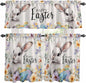 Happy Easter Kitchen Curtains Set 3 Piece for Windows,Rod Pocket Valance and Tier Set 24 Inch Length,Spring Grey Bunny Colorful Eggs Flower Beige Light Filtering Cafe Curtains for Living Room