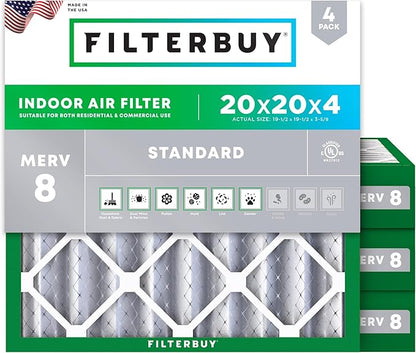 Filterbuy 20x20x4 Air Filter MERV 8 Essential Dust & Allergy Defense (4-Pack), Electrostatic Pleated HVAC AC Furnace Filters Replacement, Made in USA (Actual Size: 19.50 x 19.50 x 3.63)