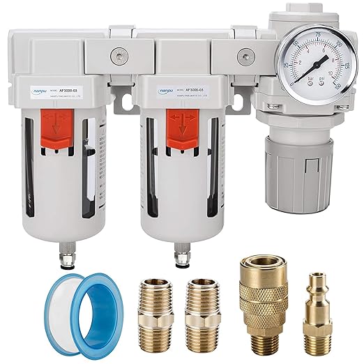 NANPU 3/8" NPT Air Drying System - 5 Micron Particulate Filter, 0.01 Micron Coalescing Filter, Air Pressure Regulator Combo - Semi-Auto Drain, Poly Bowl w/Metal Gauge