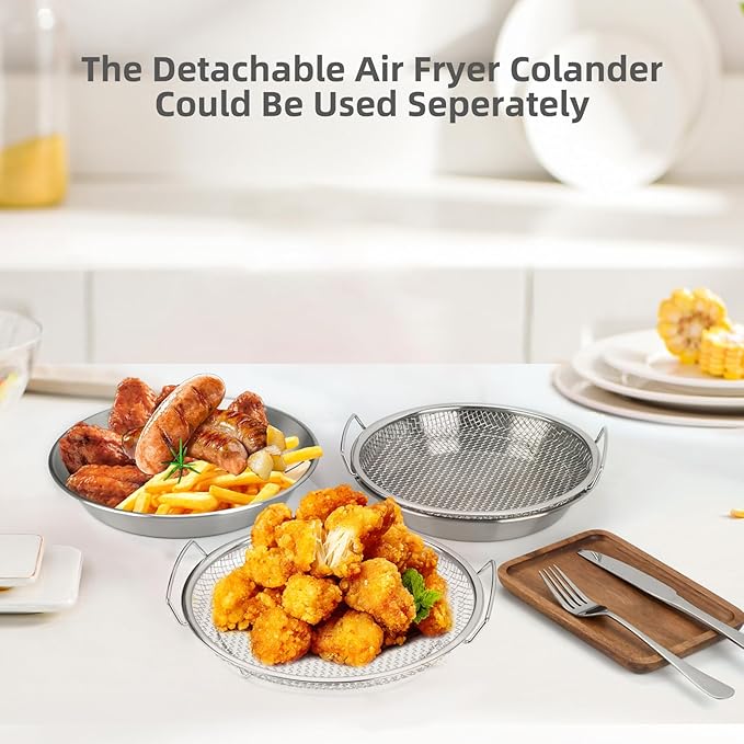 Oil Filter Tray, Stainless Steel Kitchen Oil Filter Tray with Mesh Filter Basket Colanders with Handle Air Fryer Accessories for Frying Cooking (8.66 in)