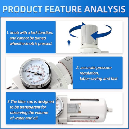 Industrial 1/2" NPT 3 Stage Air Drying System,Coalescing Filter, Particulate Filter and Air Regulator, Manual Drain for Air Tools and Spray Paint Gun