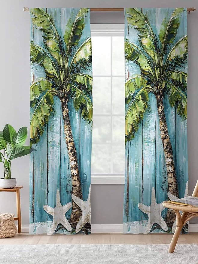 Sheer Curtains 84 Inches Long, Coastal Beach Starfish Semi Sheer Curtains Light Filtering Window Treatment, Blue Green Tropical Palm Tree Wood Grain Privacy Voile Drapes for Living Room 52x84 Inch