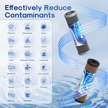 ICEPURE 2.5" x 10" Whole House CTO Activated Carbon Water Filter Combo Kit, 10 Inch KDF Cartridge and Upgraded Activated Carbon Lead Remove Filter Replacement for FXWTC, WHEF-WHWC and MORE, 1PACK