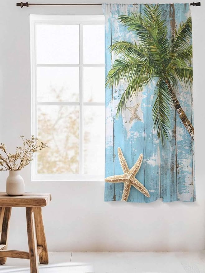 Sheer Curtains 63 Inch Length, Coastal Beach Blue Semi Sheer Curtains Light Filtering Window Treatment, Tropical Coconut Tree Vintage Wood Grain Privacy Voile Drapes for Living Room Bedroom 52x63 Inch