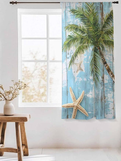 Sheer Curtains 63 Inch Length, Coastal Beach Blue Semi Sheer Curtains Light Filtering Window Treatment, Tropical Coconut Tree Vintage Wood Grain Privacy Voile Drapes for Living Room Bedroom 52x63 Inch